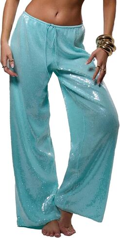 Women's Sequin Wide Leg Pants Sparkly Bling Drawstring Elastic Waist Loose Fit Disco Party Night Out Club Wear in Saudi Arabia