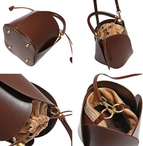 PU Leather Bucket Bag for Women Vintage Drawstring Tote Bag with Removable Shoulder Strap in Saudi Arabia