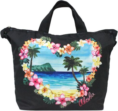 حقيبة يد LeSportsac Aloha Sunrise HAWAII حصرية سهلة الحمل + حقيبة يد بمقبض علوي، طراز 2431/لون K586، طباعة موضعية - زهور ليو الاستوائية النابضة بالحياة وأشجار النخيل، طباعة Aloha من الأمام والخلف in Kuwait
