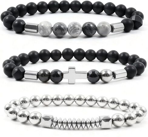 Men's 3 Pack Beaded Bracelet Set - Multi - Layer Cross & Hematite Stone Beads Stackable Bracelets, Stainless Steel Hip Hop Fashion Jewelry for Men, Ideal Gift for Boyfriend Husband in Saudi Arabia