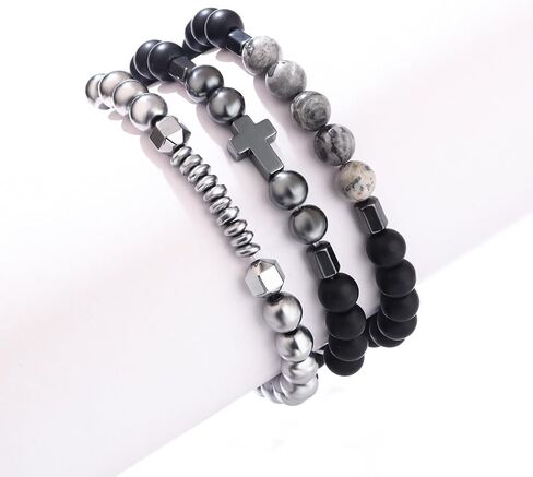Men's 3 Pack Beaded Bracelet Set - Multi - Layer Cross & Hematite Stone Beads Stackable Bracelets, Stainless Steel Hip Hop Fashion Jewelry for Men, Ideal Gift for Boyfriend Husband in Saudi Arabia