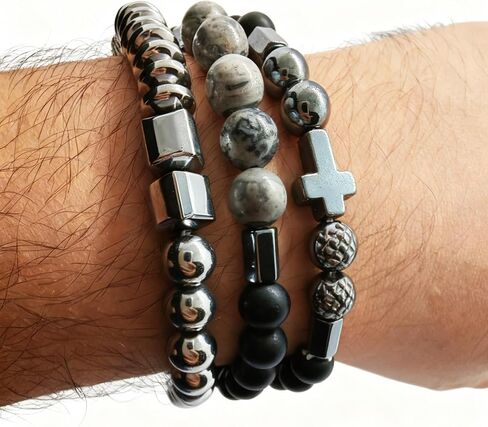 Men's 3 Pack Beaded Bracelet Set - Multi - Layer Cross & Hematite Stone Beads Stackable Bracelets, Stainless Steel Hip Hop Fashion Jewelry for Men, Ideal Gift for Boyfriend Husband in Saudi Arabia