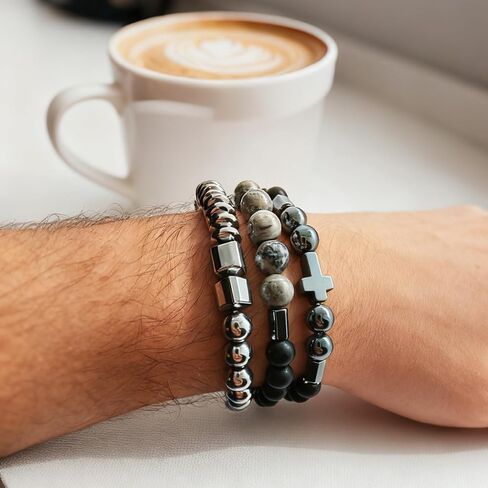 Men's 3 Pack Beaded Bracelet Set - Multi - Layer Cross & Hematite Stone Beads Stackable Bracelets, Stainless Steel Hip Hop Fashion Jewelry for Men, Ideal Gift for Boyfriend Husband in Saudi Arabia