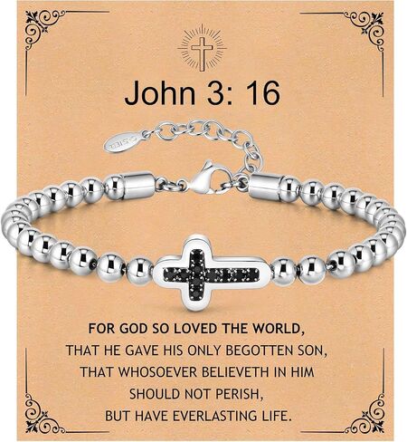 Cross Beaded Bracelets for Men - Christian Cross Link Chain Men Bracelet Non Tarnish Stainless Steel Bracelet Rosary Beads Christian Religious Jesus Baptism Birthday Jewelry Gift for Men Him Son Dad in Saudi Arabia