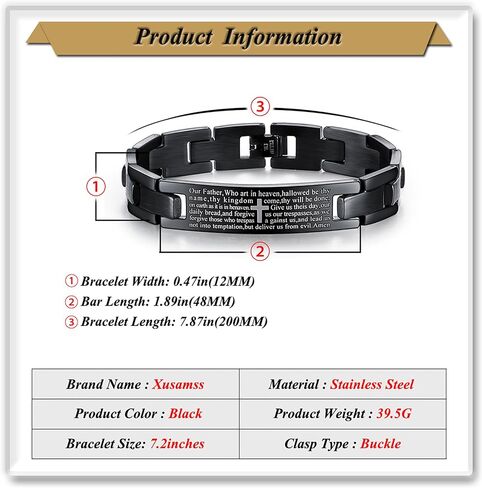 Xusamss Mens Stainless Steel Link Bracelet Cross Lords Prayer Wristband for Men, Fashion Curb Chain Bracelet, Bible Verse Link Bracelet in Kuwait