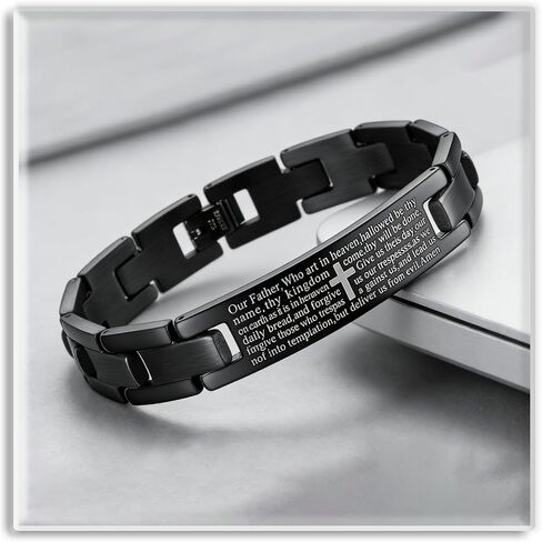 Xusamss Mens Stainless Steel Link Bracelet Cross Lords Prayer Wristband for Men, Fashion Curb Chain Bracelet, Bible Verse Link Bracelet in Kuwait