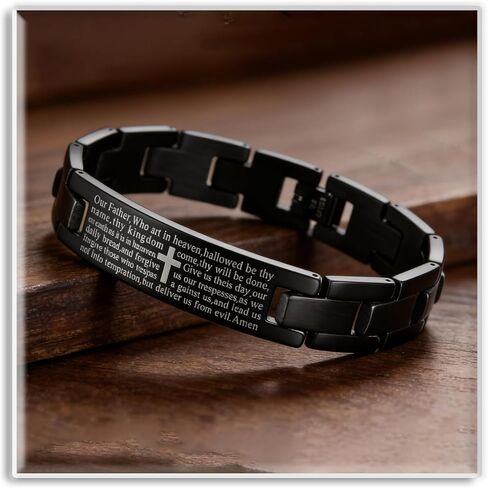 Xusamss Mens Stainless Steel Link Bracelet Cross Lords Prayer Wristband for Men, Fashion Curb Chain Bracelet, Bible Verse Link Bracelet in Kuwait
