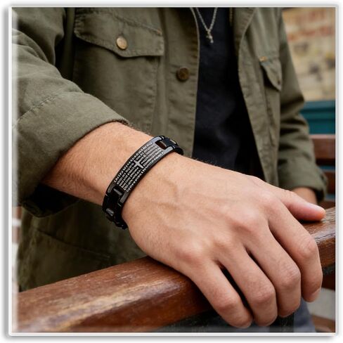 Xusamss Mens Stainless Steel Link Bracelet Cross Lords Prayer Wristband for Men, Fashion Curb Chain Bracelet, Bible Verse Link Bracelet in Kuwait