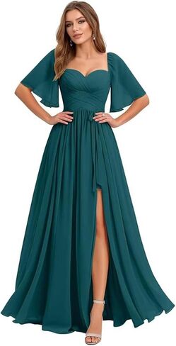 A Line Chiffon Bridesmaid Dresses for Women Pleated Flutter Sleeve Long Formal Evening Gowns with Slit in Saudi Arabia