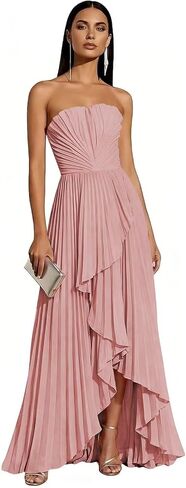 Strapless Chiffon Bridesmaid Dresses A-Line Long Ruffles Pleated Hi-Low Corset Formal Dress FC902 in Saudi Arabia