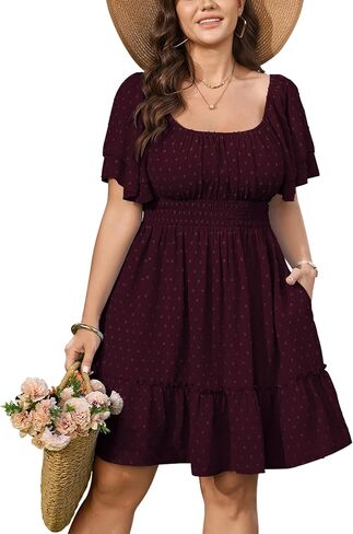 CICIDUDU Women's Plus Size Summer Dresses Short Sleeve Square Neck A Line Casual Boho Cute Ruffle Mini Dress with Pocket in Saudi Arabia