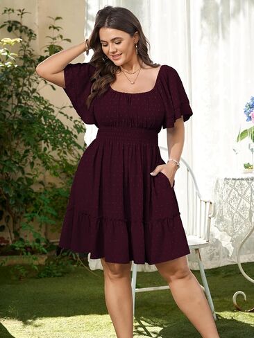 CICIDUDU Women's Plus Size Summer Dresses Short Sleeve Square Neck A Line Casual Boho Cute Ruffle Mini Dress with Pocket in Saudi Arabia