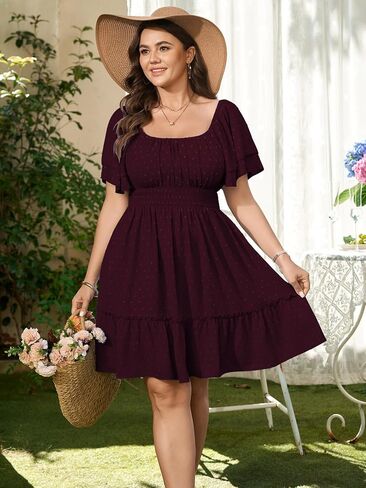 CICIDUDU Women's Plus Size Summer Dresses Short Sleeve Square Neck A Line Casual Boho Cute Ruffle Mini Dress with Pocket in Saudi Arabia