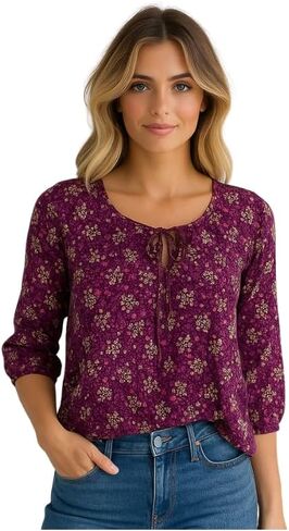 Star Vixen Women's 3/4 Sleeve Peasant Elastic-Hem Keyhole-tie Top, Lilac Floral, PM in Kuwait