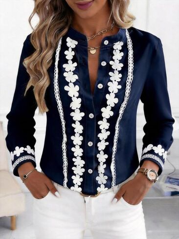 Elegant Navy Blue Embroidered Blouse - Stand Collar Long Sleeve Button-Down Shirt for Women in Kuwait