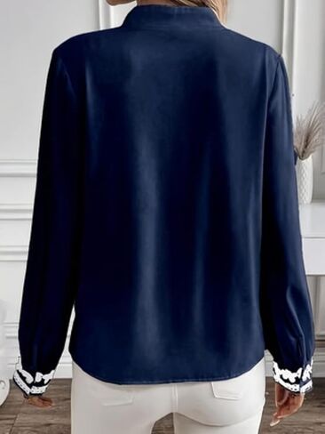 Elegant Navy Blue Embroidered Blouse - Stand Collar Long Sleeve Button-Down Shirt for Women in Kuwait