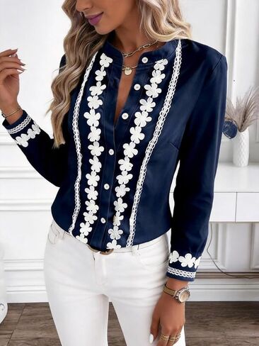 Elegant Navy Blue Embroidered Blouse - Stand Collar Long Sleeve Button-Down Shirt for Women in Kuwait