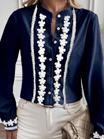 Elegant Navy Blue Embroidered Blouse - Stand Collar Long Sleeve Button-Down Shirt for Women in Kuwait