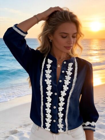 Elegant Navy Blue Embroidered Blouse - Stand Collar Long Sleeve Button-Down Shirt for Women in Kuwait