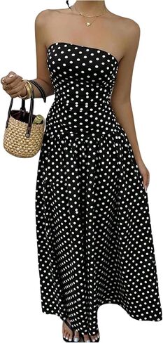 GORGLITTER Women's Polka Dots Strapless Ruffle Tube Dress Ruched Sleeveless Maxi Dresses in Saudi Arabia