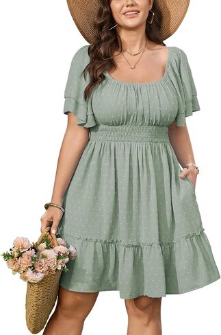 CICIDUDU Women's Plus Size Summer Dresses Short Sleeve Square Neck A Line Casual Boho Cute Ruffle Mini Dress with Pocket in Saudi Arabia