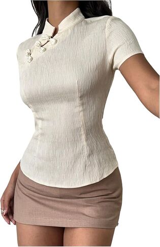 بلوزة نسائية من OYOANGLE برقبة وهمية من Cheongsam Y2K بفيونكة ضيقة وأكمام قصيرة وأزرار ضفدع مزخرفة للخروج in Kuwait