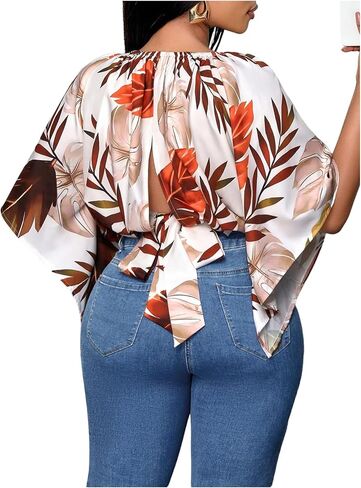 Floerns Women's Plus Size Tropical Bow Blouses Dolman Sleeve Crewneck Beach Vacation Clothes in Kuwait