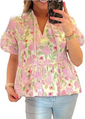 بلوزة Verdusa النسائية Peplum بأكمام منتفخة ورقبة على شكل حرف V وبلوزة زهرية بيبي دول ملابس العطلات in Kuwait