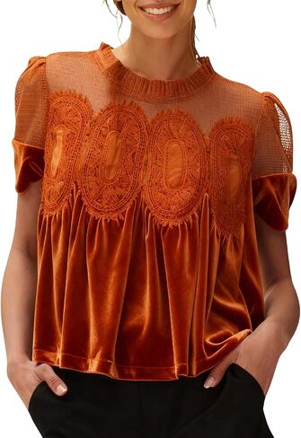 hathne Velvet Lace Blouse for Women Elegant Casual Crew Neck Short Sleeve Top Loose Fit Flared Swing Shirt in Saudi Arabia