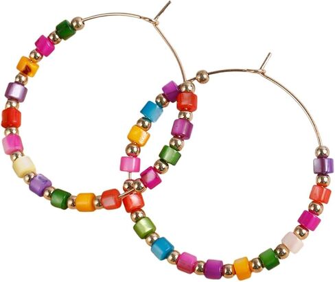 Boho Rainbow Beaded Hoop Earrings for Women Colorful Seed Bead Gold Plated Large Jewelry for Summer Beach Festival Daily Wear in Kuwait