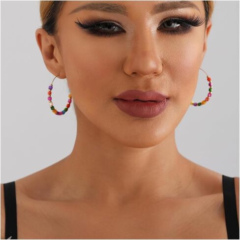 Boho Rainbow Beaded Hoop Earrings for Women Colorful Seed Bead Gold Plated Large Jewelry for Summer Beach Festival Daily Wear in Kuwait