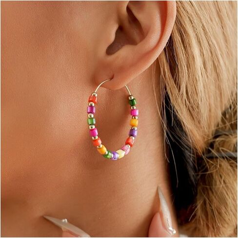 Boho Rainbow Beaded Hoop Earrings for Women Colorful Seed Bead Gold Plated Large Jewelry for Summer Beach Festival Daily Wear in Kuwait