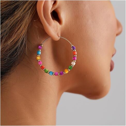 Boho Rainbow Beaded Hoop Earrings for Women Colorful Seed Bead Gold Plated Large Jewelry for Summer Beach Festival Daily Wear in Kuwait