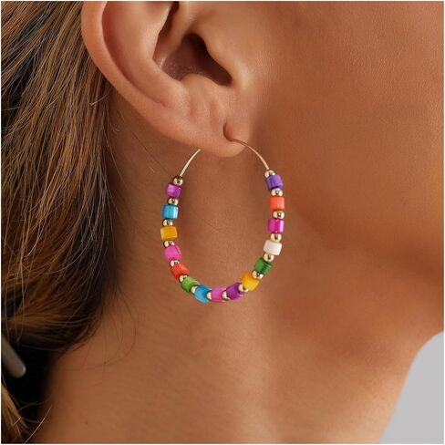 Boho Rainbow Beaded Hoop Earrings for Women Colorful Seed Bead Gold Plated Large Jewelry for Summer Beach Festival Daily Wear in Kuwait