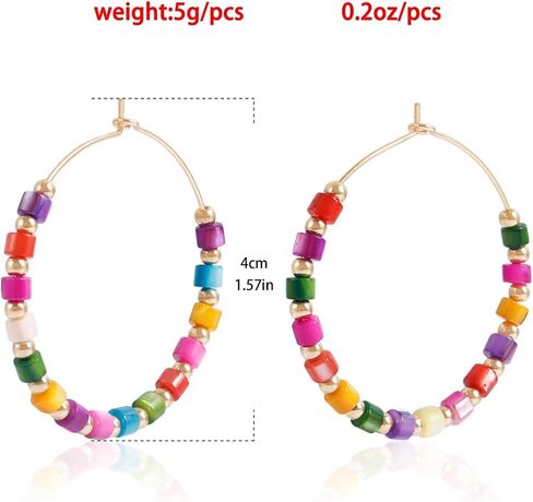 Boho Rainbow Beaded Hoop Earrings for Women Colorful Seed Bead Gold Plated Large Jewelry for Summer Beach Festival Daily Wear in Kuwait