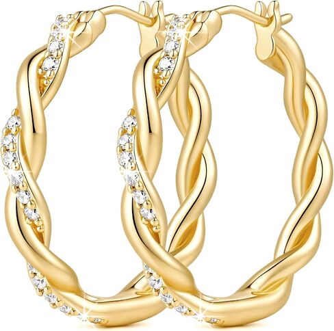 Gold Hoop Earrings 14K Gold Earrings for Women Gold Hoop Earrings for Women Hoops Romantic Woven Shape with Cubic Zirconia Hoops Earring for Womens 29 * 4mm in Kuwait