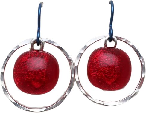 Sterling silver hammered hoops fused translucent bright red dichroic glass Niobium earrings in Saudi Arabia