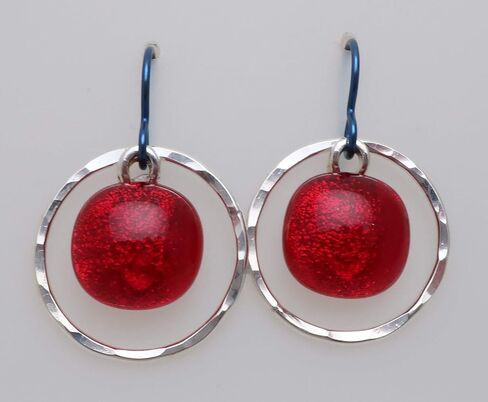 Sterling silver hammered hoops fused translucent bright red dichroic glass Niobium earrings in Saudi Arabia