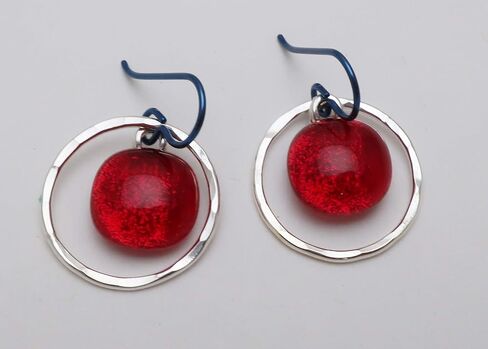 Sterling silver hammered hoops fused translucent bright red dichroic glass Niobium earrings in Saudi Arabia