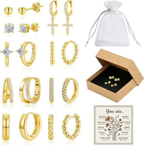 BOMAIL 9 Pairs 14K Gold Plated Huggie Hoop Earrings for Women | Small Stud Earrings Set,Cartilage Earring Stacks,Cute Dainty Jewelry,Lightweight, Gift with Box in Kuwait