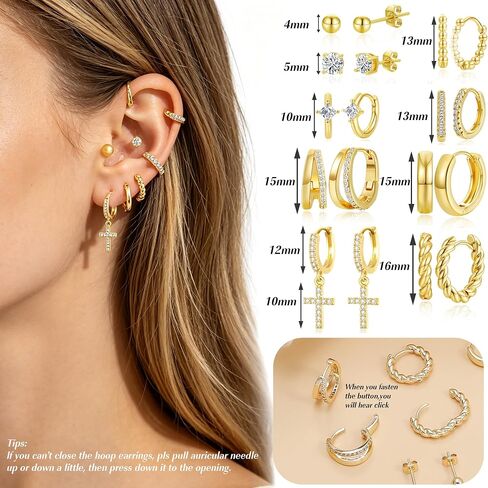 BOMAIL 9 Pairs 14K Gold Plated Huggie Hoop Earrings for Women | Small Stud Earrings Set,Cartilage Earring Stacks,Cute Dainty Jewelry,Lightweight, Gift with Box in Kuwait