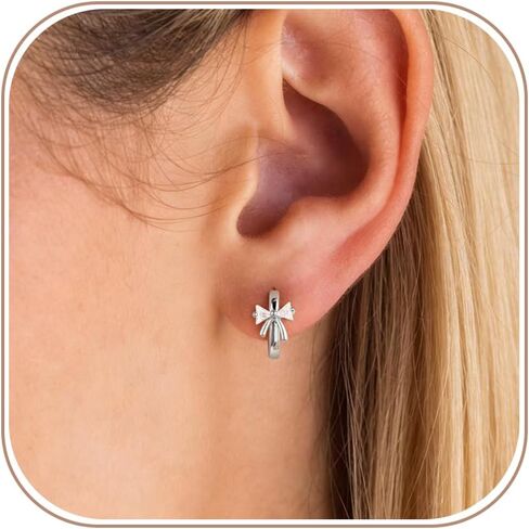 Bow Earrings for Women Trendy,14k Gold/Silver Plated Hoop Huggie Earrings Dainty Small Bow Hoop Earring Cute Simple Jewelry Sparkly Cubic Zirconia Earring Charm Jewelry for Womens in Saudi Arabia