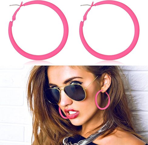 Neon Earrings for Women - Hot Pink Big Hoops Retro 80s 90s Earrings for Women for Halloween Glow Party Outfits Y2k Jewelry Accessories in Kuwait