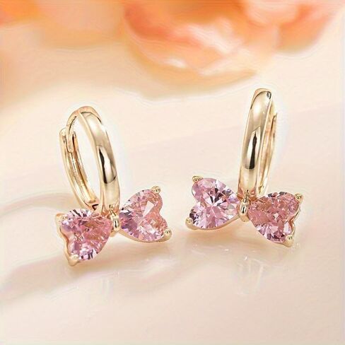 Elegant Cute Bow Earrings for Women Inlay Pink Heart Zirconia Party Daily Casual Temperament Hoop Earrings Jewelry Gifts in Kuwait