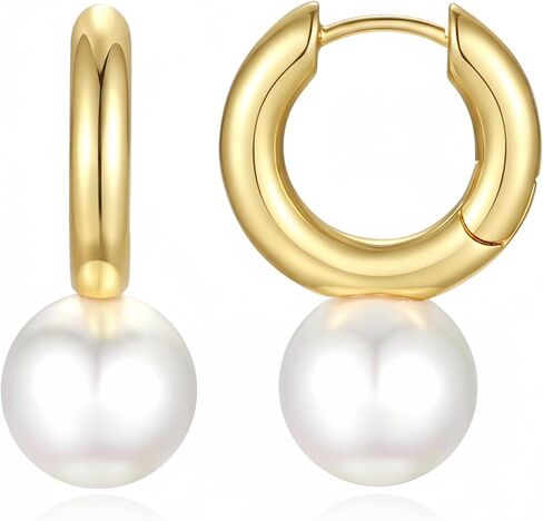 12mm Large Pearl Hoop Earrings for Women 925 Sterling Silver Gold Plated | Hypoallergenic round pearl earrings, perfect jewelry gift for sensitive ears. in Saudi Arabia
