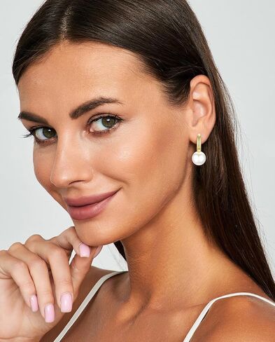 12mm Large Pearl Hoop Earrings for Women 925 Sterling Silver Gold Plated | Hypoallergenic round pearl earrings, perfect jewelry gift for sensitive ears. in Saudi Arabia