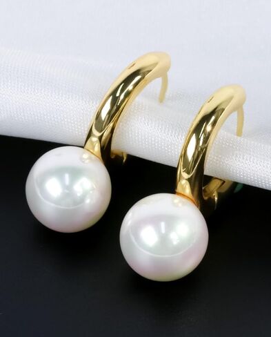 12mm Large Pearl Hoop Earrings for Women 925 Sterling Silver Gold Plated | Hypoallergenic round pearl earrings, perfect jewelry gift for sensitive ears. in Saudi Arabia