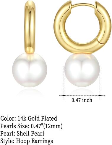 12mm Large Pearl Hoop Earrings for Women 925 Sterling Silver Gold Plated | Hypoallergenic round pearl earrings, perfect jewelry gift for sensitive ears. in Saudi Arabia