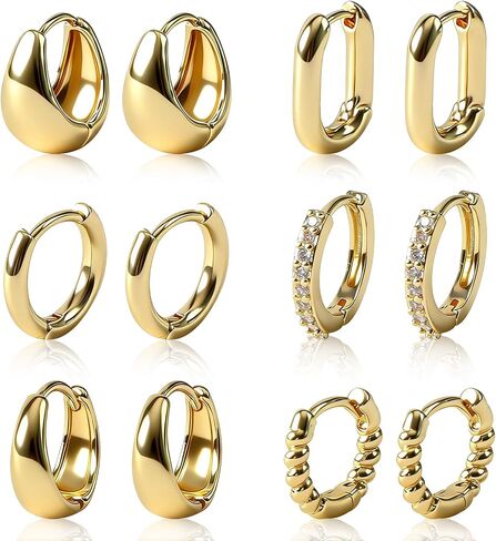 6 Pairs Stylish Gold Hoop Earrings for Women 14K Gold Plated Chunky Earrings & Huggie Earrings Collection Modern Open Hoop Style Hypoallergenic All-Day Wear Earrings Jewelry for Presents in Saudi Arabia
