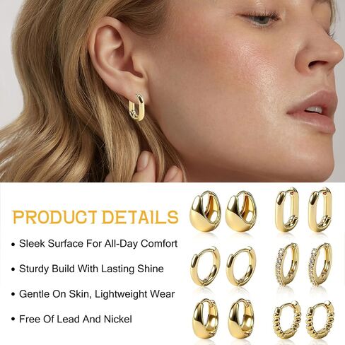 6 Pairs Stylish Gold Hoop Earrings for Women 14K Gold Plated Chunky Earrings & Huggie Earrings Collection Modern Open Hoop Style Hypoallergenic All-Day Wear Earrings Jewelry for Presents in Saudi Arabia